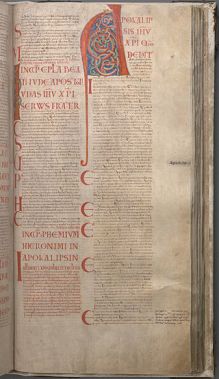 Två av de katolska breven – avslutningen av Jakobsbrevet och inledningen av Första Petrusbrevet – i Codex Gigas eller Djävulsbibeln, skriven på latin i början av 1200-talet.